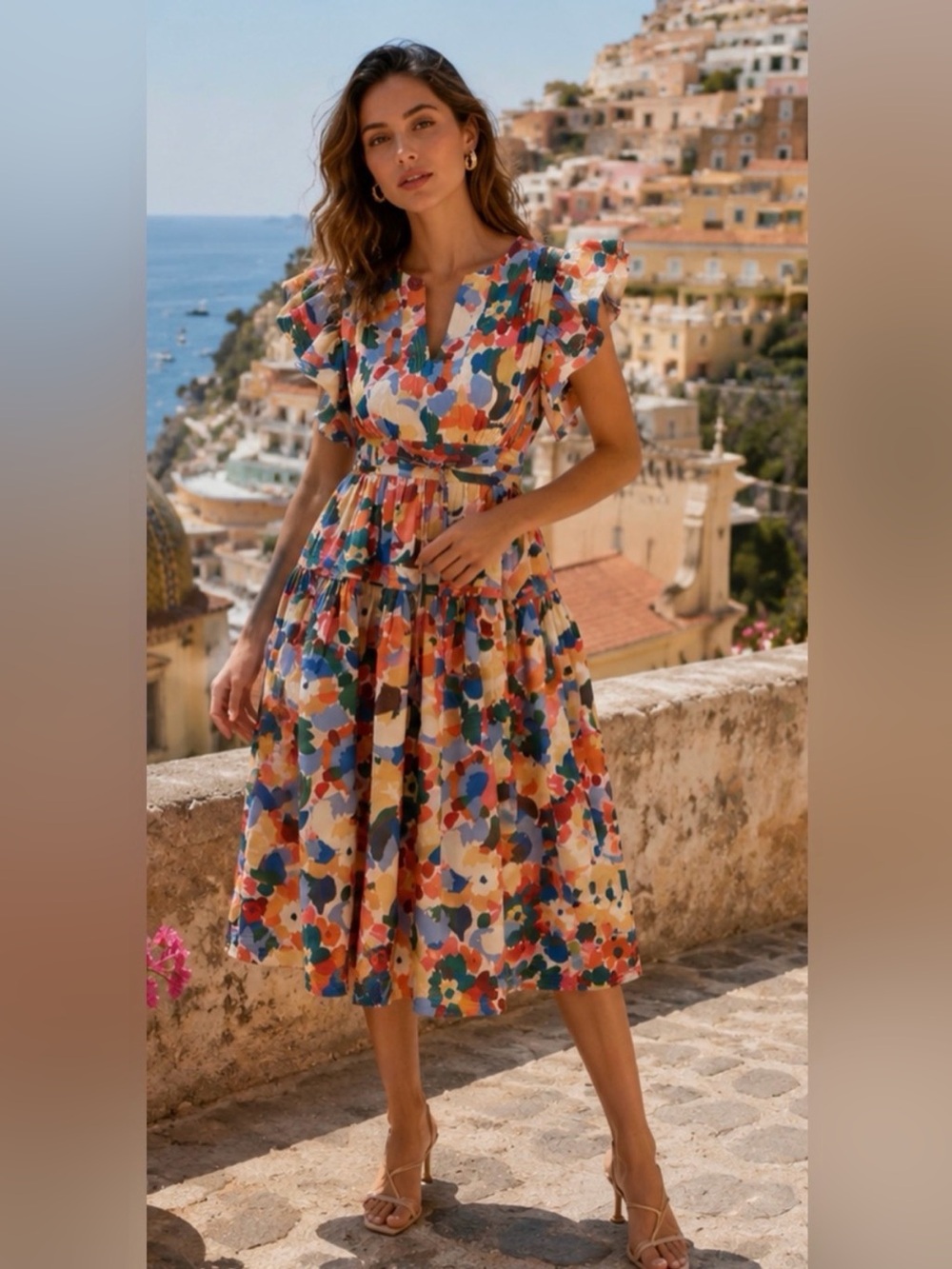 Prosperina Bright Floral Tiered Midi Dress in Multicolor Size Large